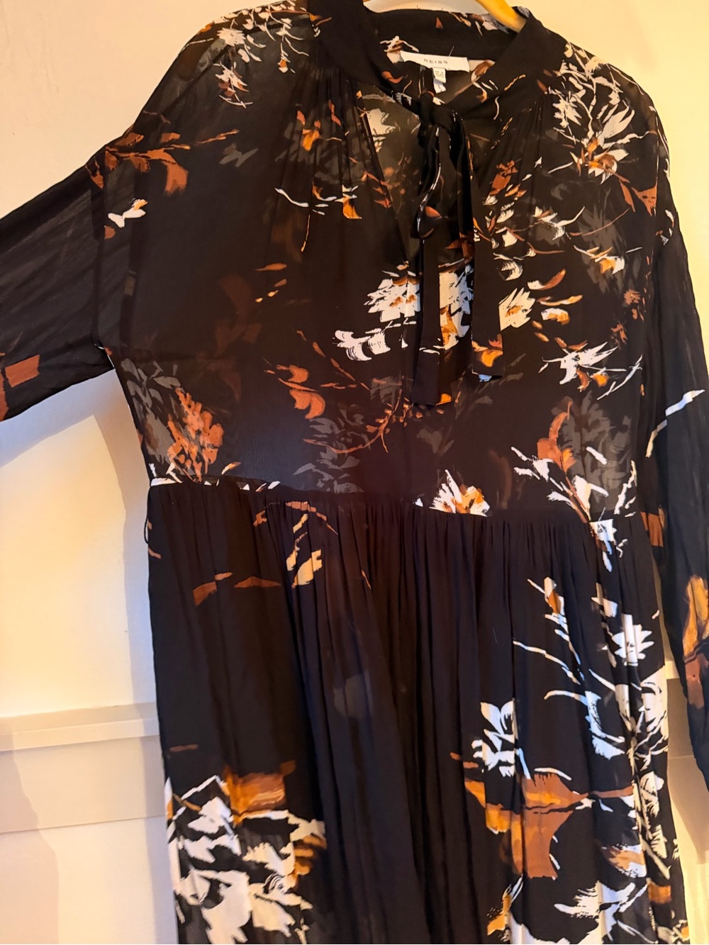 REISS Charolette Black Floral-Print Midi Dress with Rust Accents - Picture 8 of 10